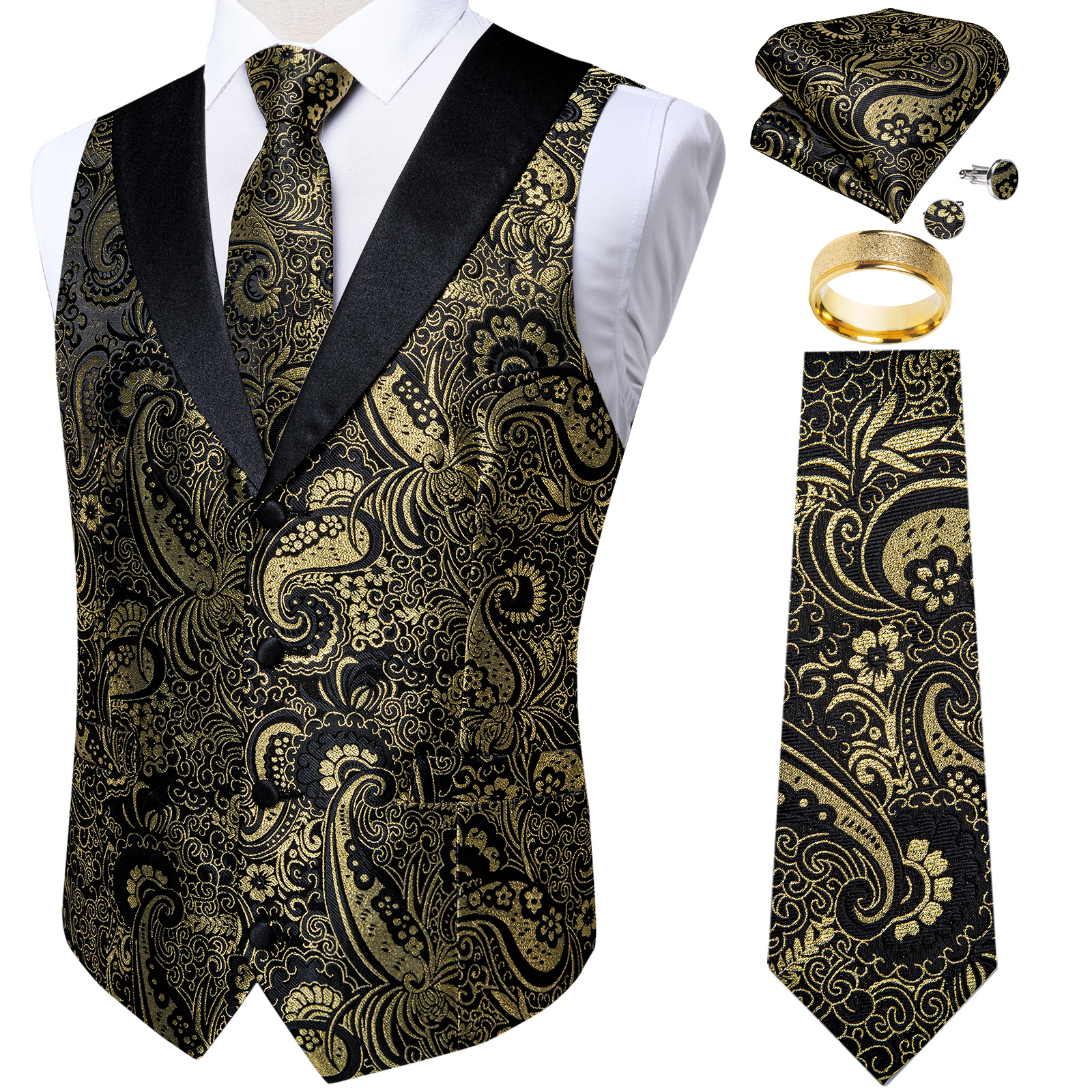 Pocket Square Set - Черный, золотой костюм с жилетом, 5