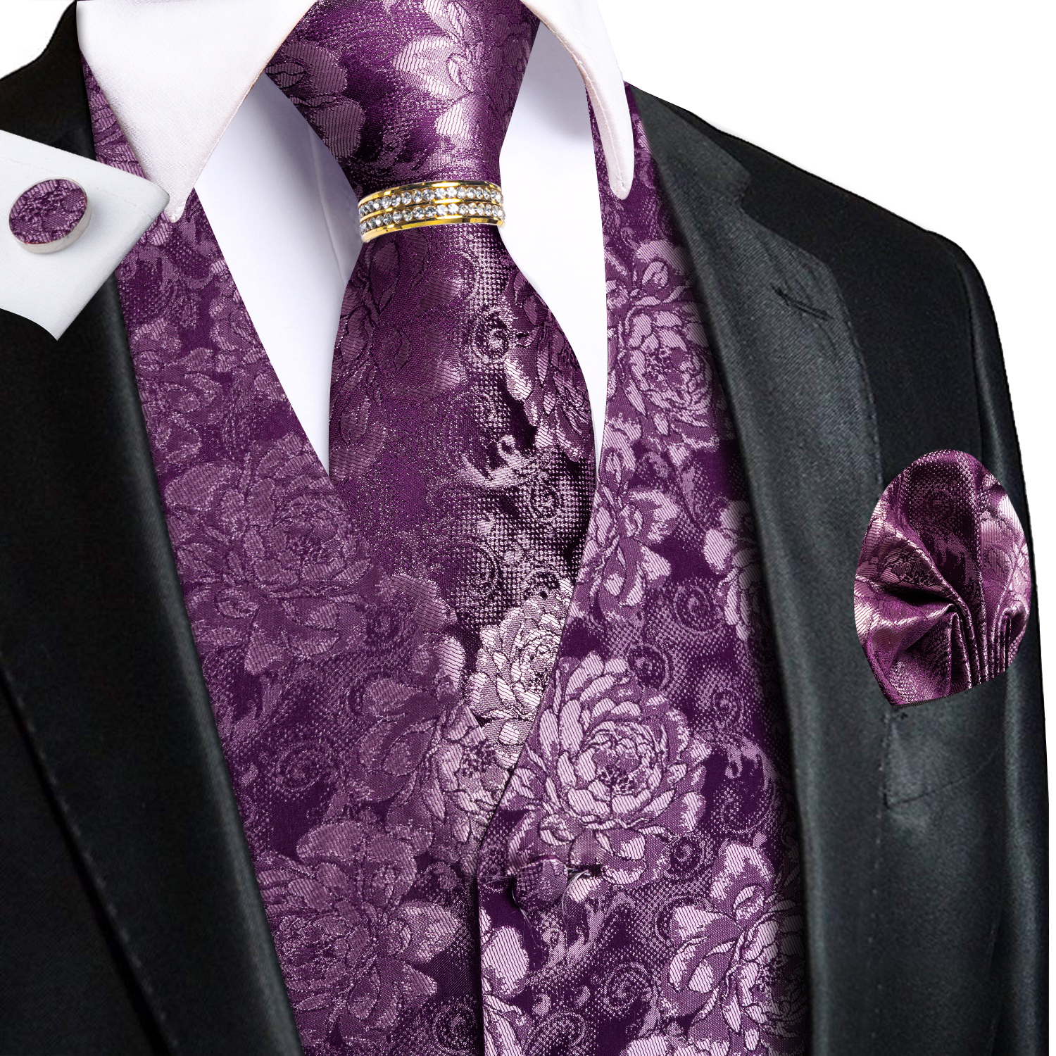 Pocket Square Set - Фиолетовый мужской жилет с цветочным узором,
