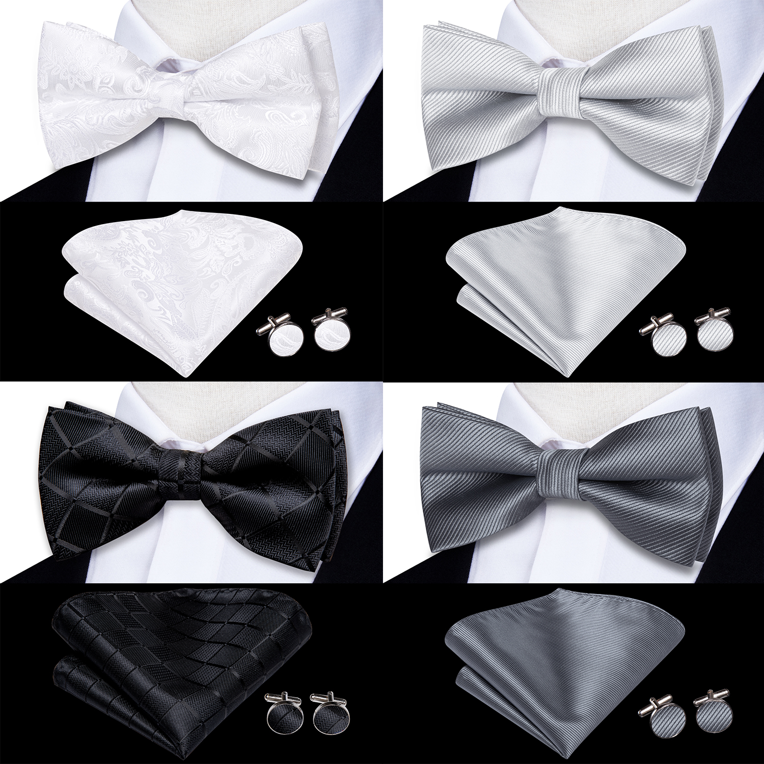 Bow Tie Pre Tied - Мужской комплект: галстук-бабочка, платок и запонки.