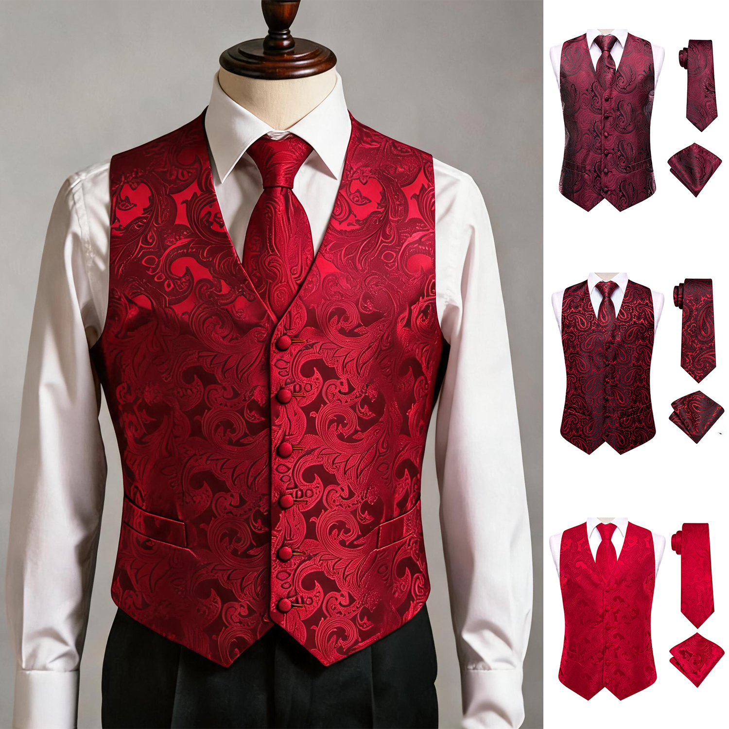 Pocket Square Set - Красный мужской жилет-тройка, комплект с галстуком