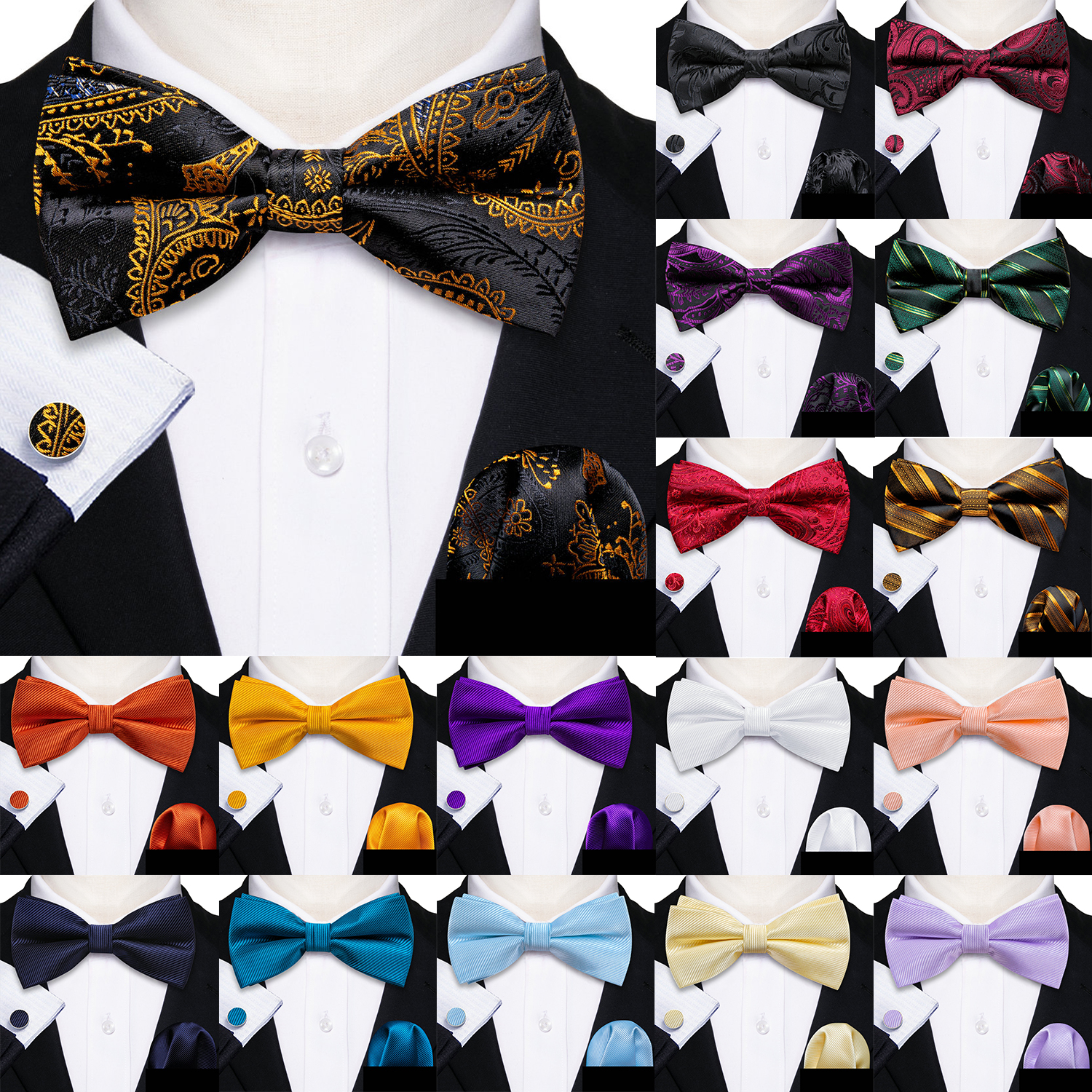 Bow Tie Pre Tied - Мужской Шелковый галстук-бабочка Barry.Wang, черный, золотой,