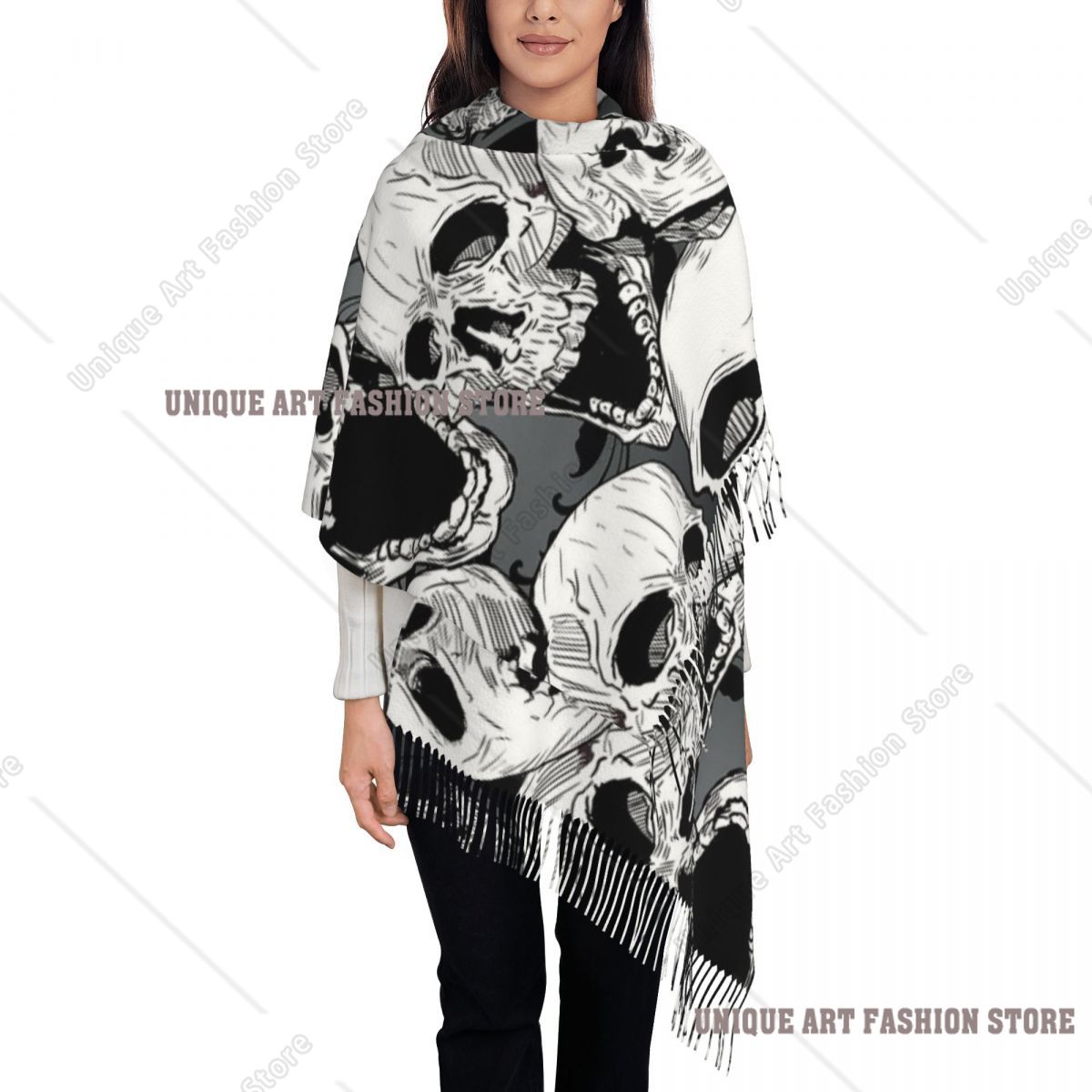 Pashmina Wrap Large - Женский шарф с кисточками, череп смерти,